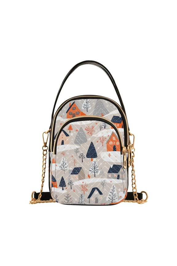Crossbody Bag for Women Quilted Travel Shoulder Cell Phone Purse with Chain Strap Handbag, Cartoon Gray Houses
