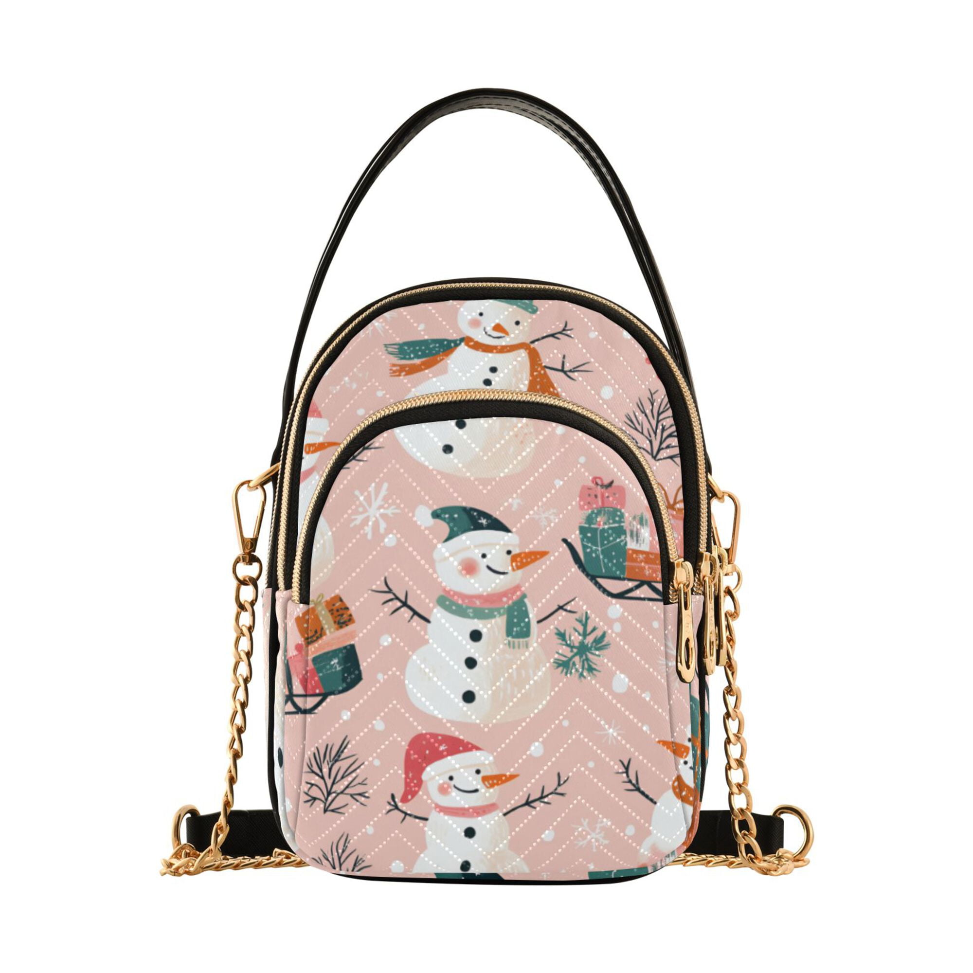 FORMRS Crossbody Bag for Women Quilted Travel Shoulder Cell Phone Purse with Chain Strap Handbag, Christmas Snowman