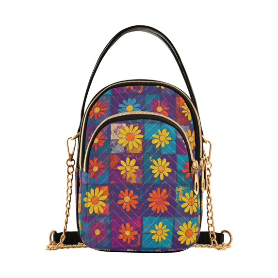 FORMRS Crossbody Bag for Women Quilted Travel Shoulder Cell Phone Purse with Chain Strap Handbag, Colorful Checkered Daisy