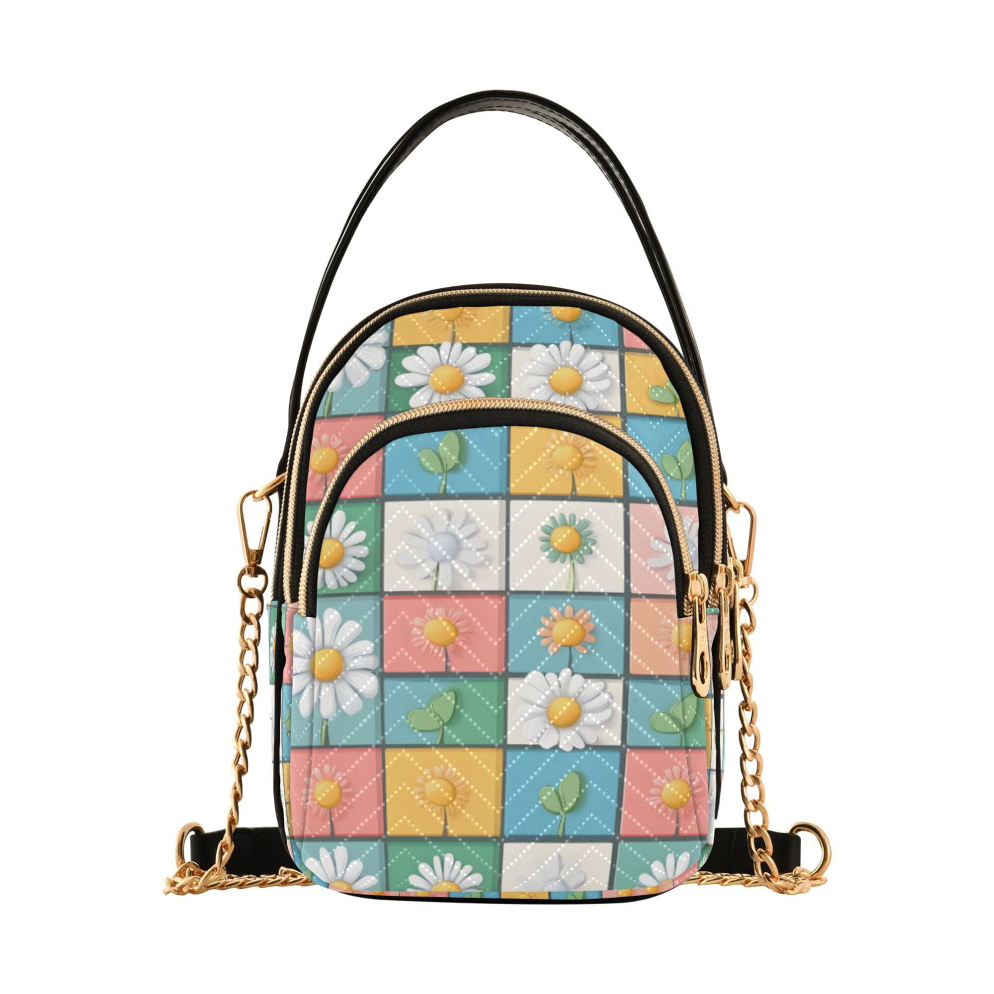 FORMRS Crossbody Bag for Women Quilted Travel Shoulder Cell Phone Purse with Chain Strap Handbag, Daisy Mosaic