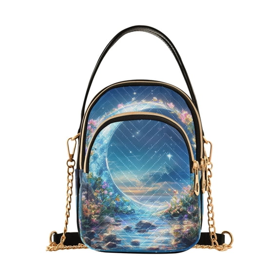 FORMRS Crossbody Bag for Women Quilted Travel Shoulder Cell Phone Purse with Chain Strap Handbag, Floral Moon