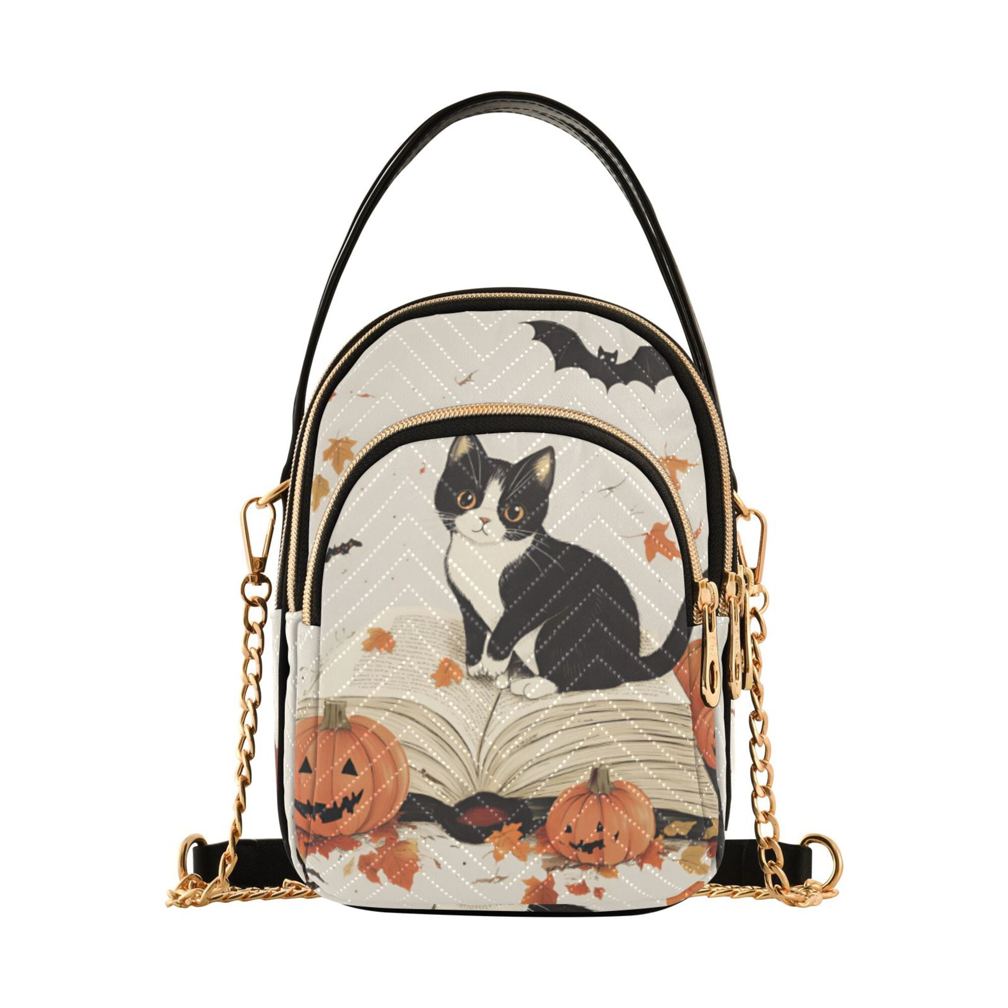 FORMRS Crossbody Bag for Women Quilted Travel Shoulder Cell Phone Purse with Chain Strap Handbag, Gray Cartoon Halloween Cat