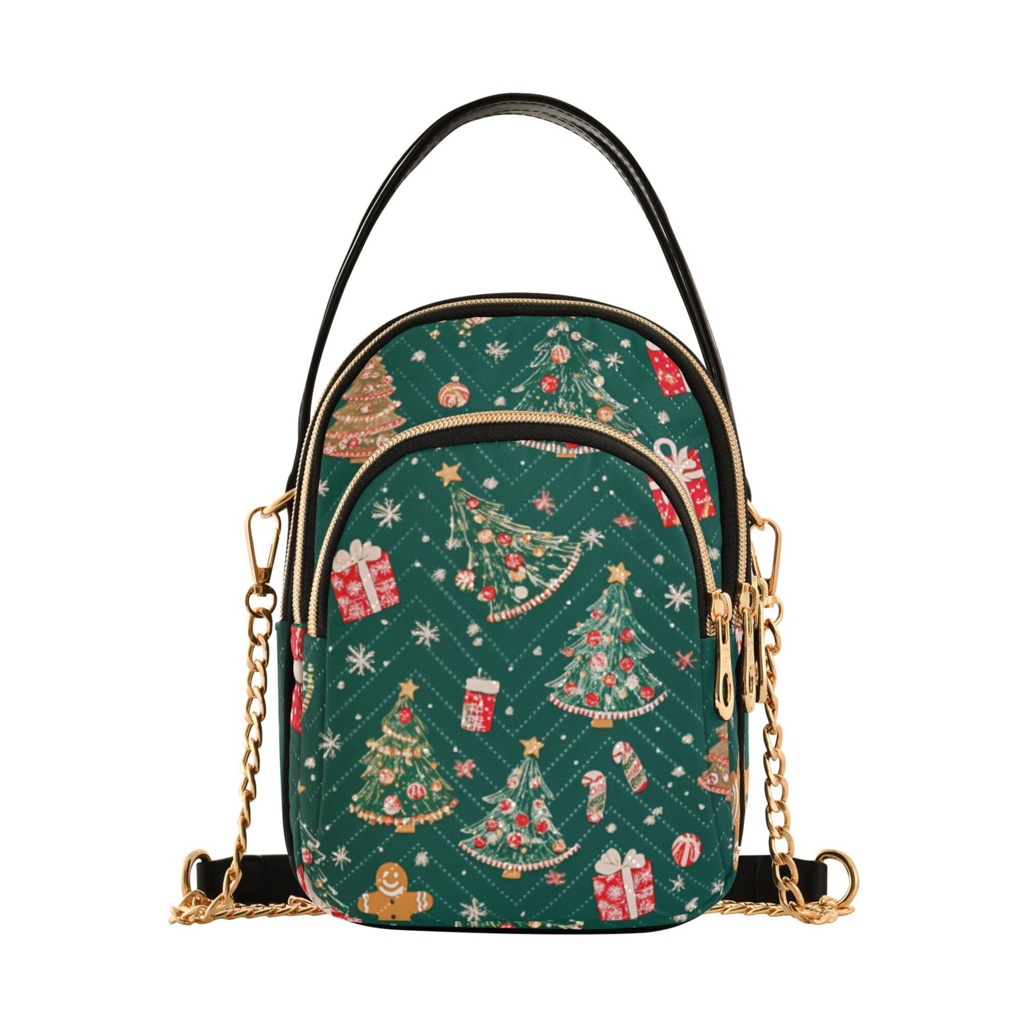 FORMRS Crossbody Bag for Women Quilted Travel Shoulder Cell Phone Purse with Chain Strap Handbag, Green Christmas Gingerbread