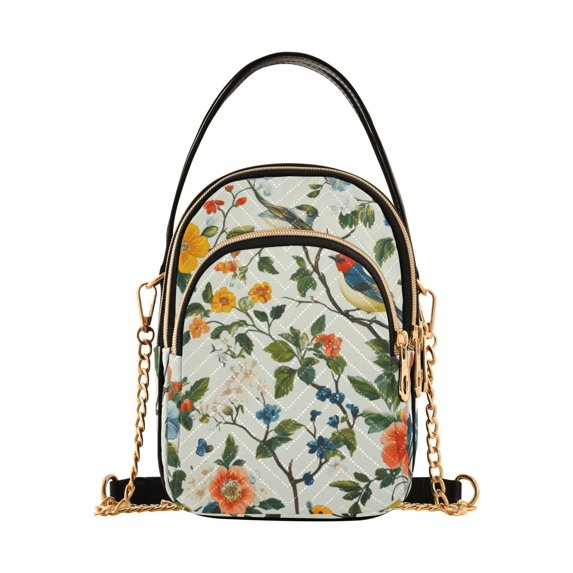 FORMRS Crossbody Bag for Women Quilted Travel Shoulder Cell Phone Purse with Chain Strap Handbag, Green Floral Pattern