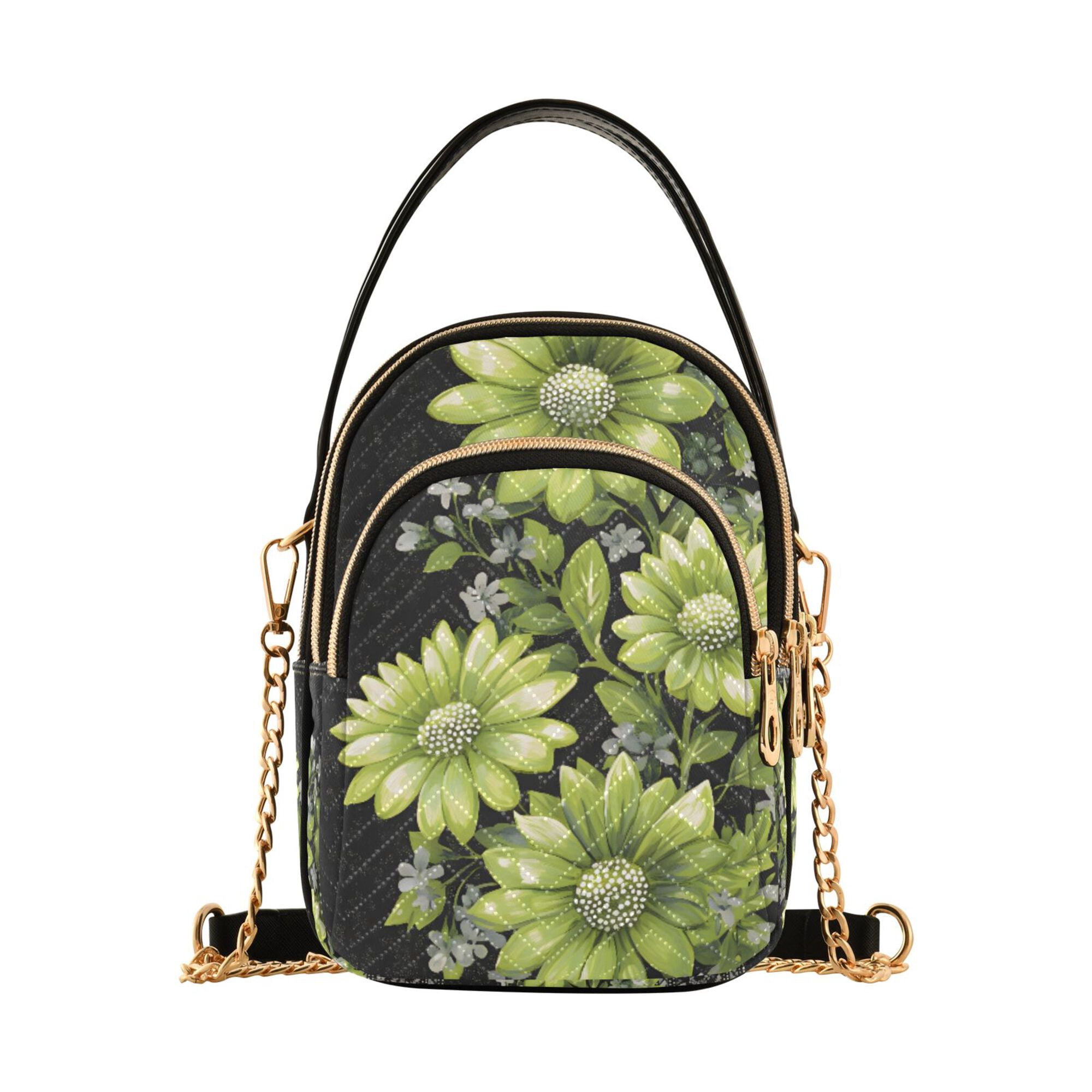 FORMRS Crossbody Bag for Women Quilted Travel Shoulder Cell Phone Purse with Chain Strap Handbag, Green Flowers