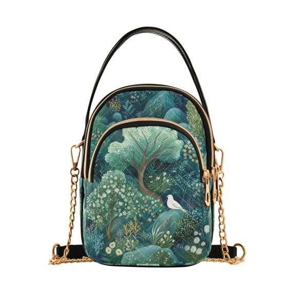 FORMRS Crossbody Bag for Women Quilted Travel Shoulder Cell Phone Purse with Chain Strap Handbag, Green Forest Pattern