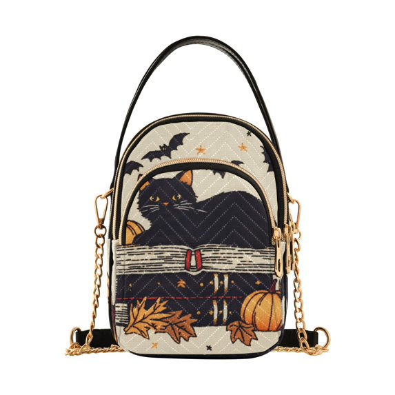 FORMRS Crossbody Bag for Women Quilted Travel Shoulder Cell Phone Purse with Chain Strap Handbag, Halloween Cat