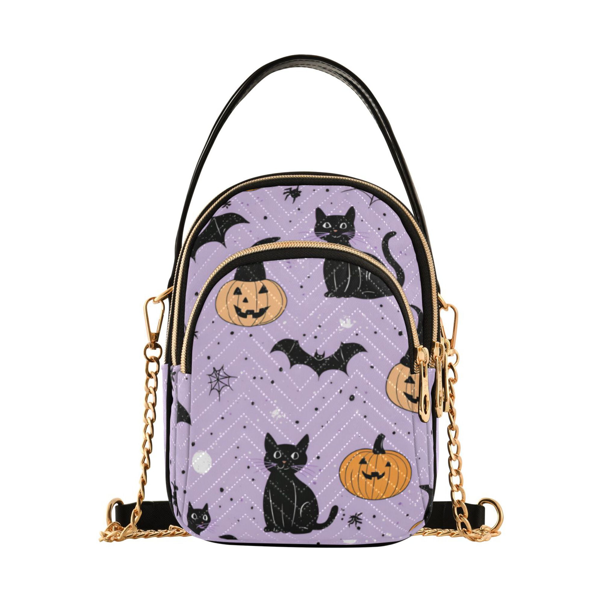 FORMRS Crossbody Bag for Women Quilted Travel Shoulder Cell Phone Purse with Chain Strap Handbag, Light Purple Halloween Black Cat