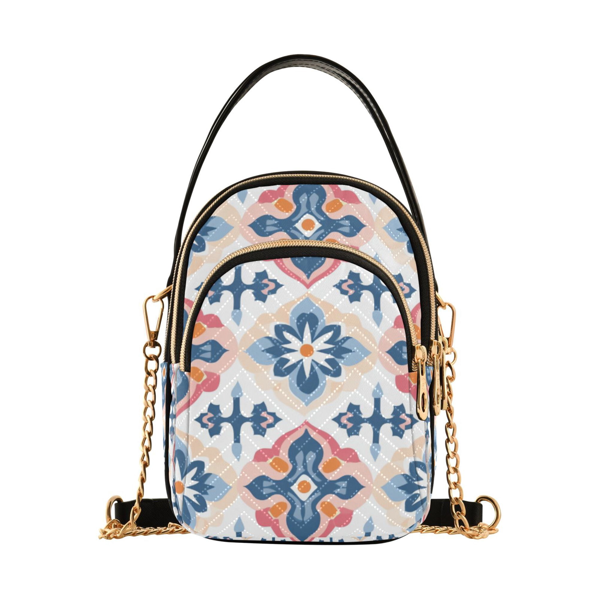FORMRS Crossbody Bag for Women Quilted Travel Shoulder Cell Phone Purse with Chain Strap Handbag, Navy Blossom Mosaic