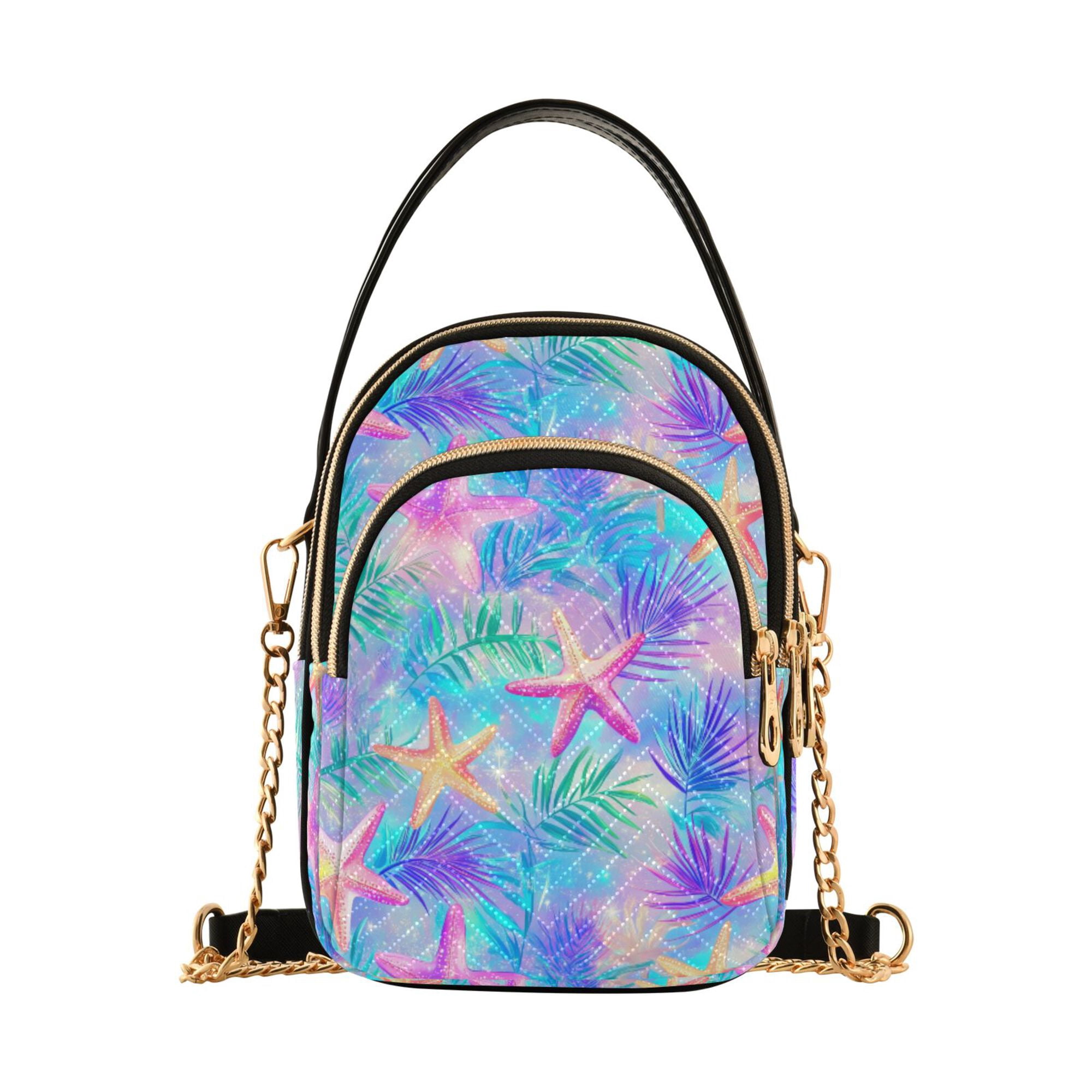 FORMRS Crossbody Bag for Women Quilted Travel Shoulder Cell Phone Purse with Chain Strap Handbag, Neon Starfish Pattern