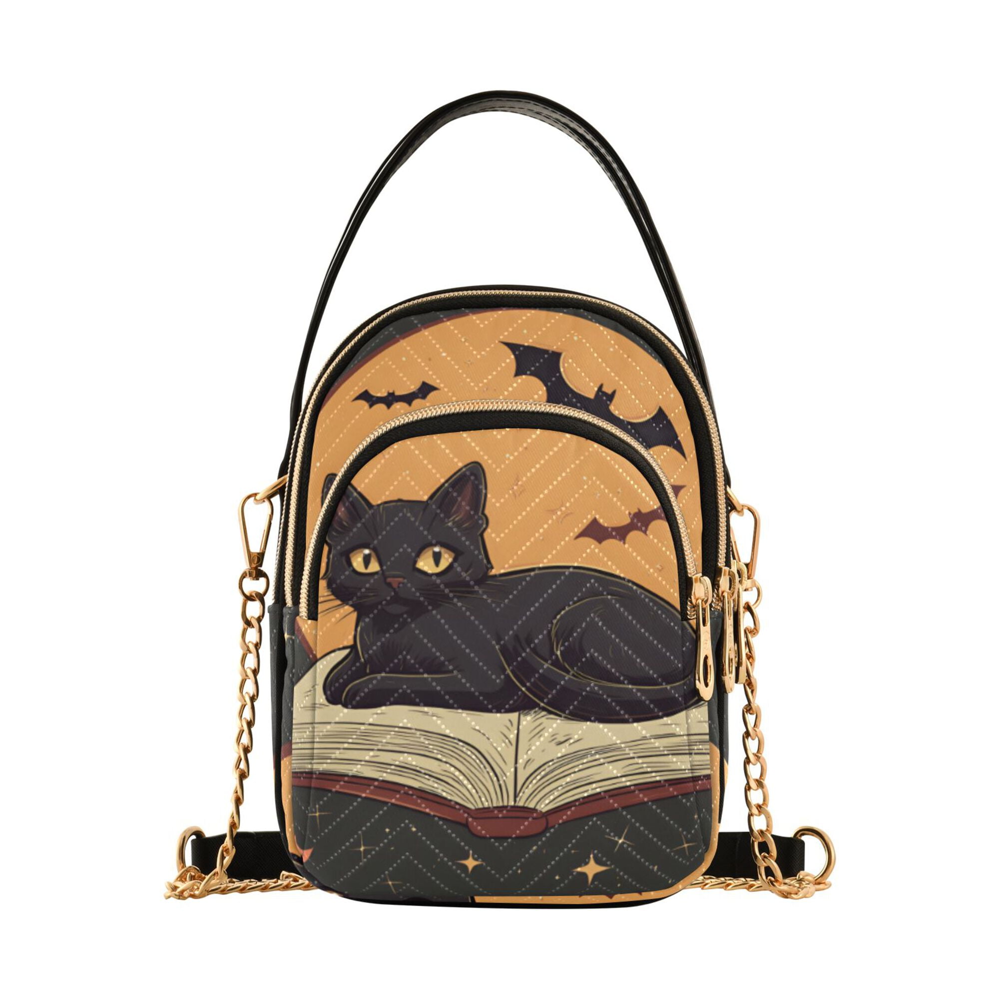 FORMRS Crossbody Bag for Women Quilted Travel Shoulder Cell Phone Purse with Chain Strap Handbag, Orange Halloween Cat