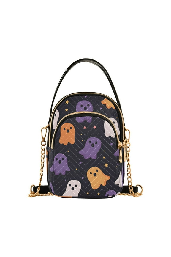Crossbody Bag for Women Quilted Travel Shoulder Cell Phone Purse with Chain Strap Handbag, Orange Halloween Ghosts