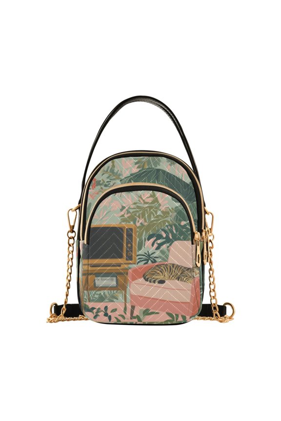 Crossbody Bag for Women Quilted Travel Shoulder Cell Phone Purse with Chain Strap Handbag, Pink and Green Cat