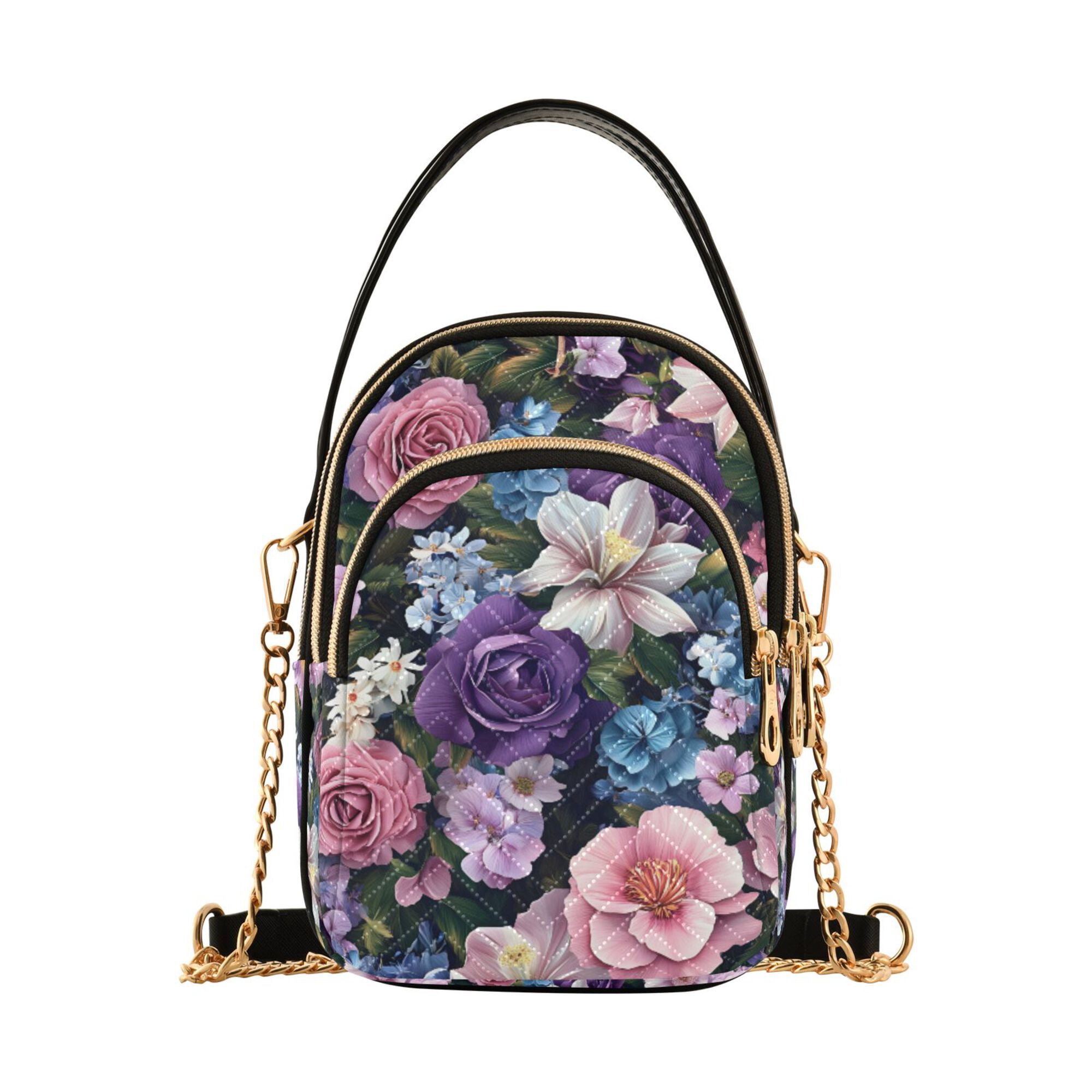 FORMRS Crossbody Bag for Women Quilted Travel Shoulder Cell Phone Purse with Chain Strap Handbag, Pink and Purple Flowers
