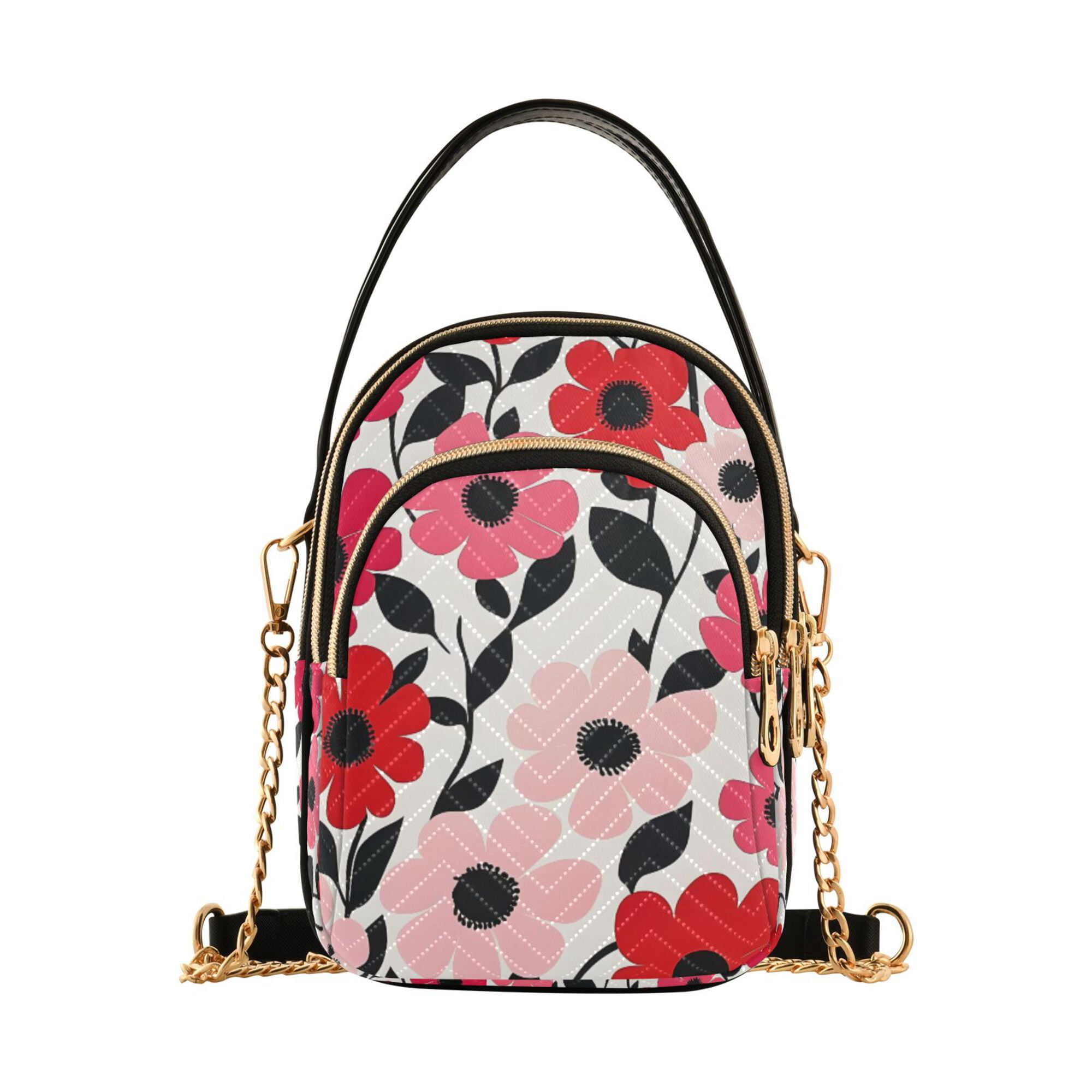 FORMRS Crossbody Bag for Women Quilted Travel Shoulder Cell Phone Purse with Chain Strap Handbag, Pink and Red Flowers