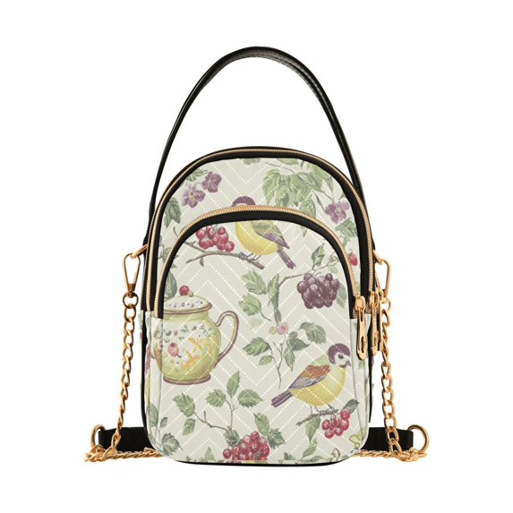 FORMRS Crossbody Bag for Women Quilted Travel Shoulder Cell Phone Purse with Chain Strap Handbag, Purple Birds Teapots