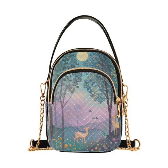 FORMRS Crossbody Bag for Women Quilted Travel Shoulder Cell Phone Purse with Chain Strap Handbag, Purple Forest Scene