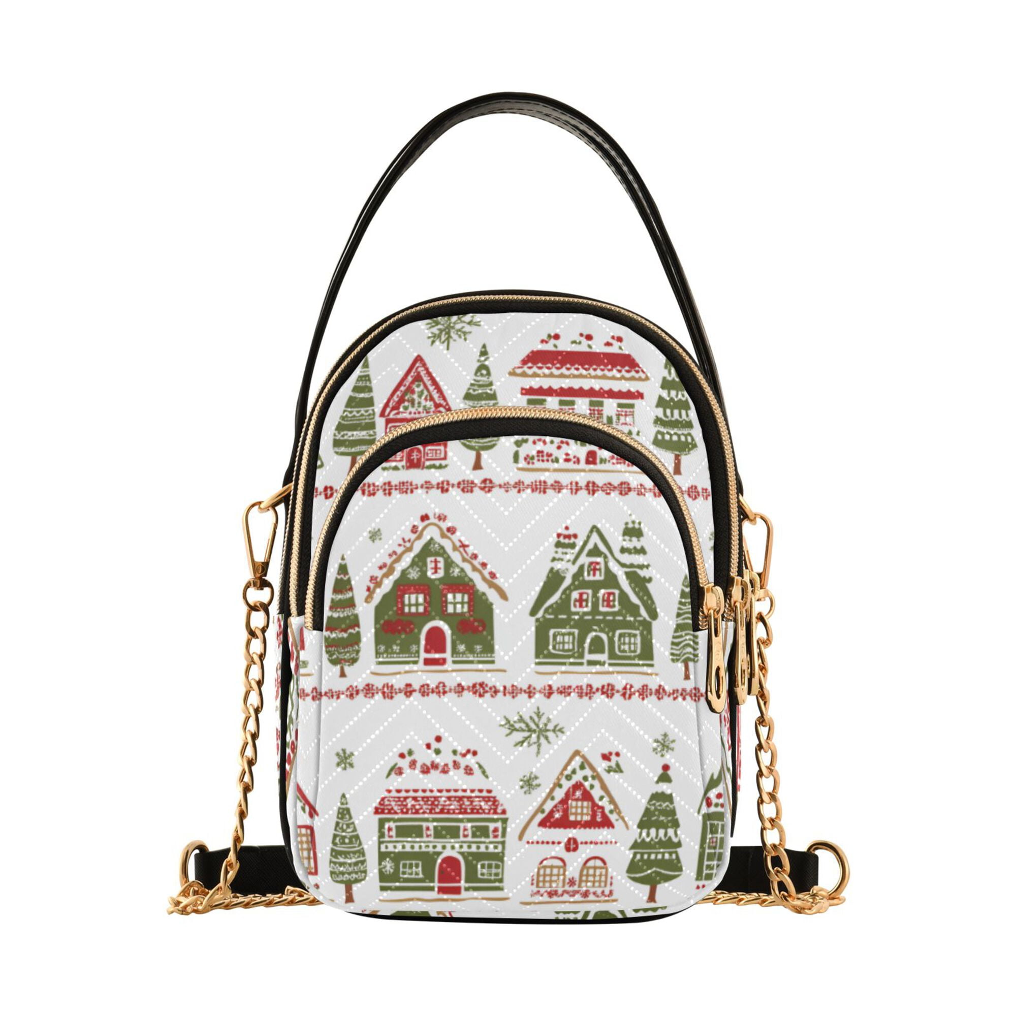 FORMRS Crossbody Bag for Women Quilted Travel Shoulder Cell Phone Purse with Chain Strap Handbag, Red Christmas House