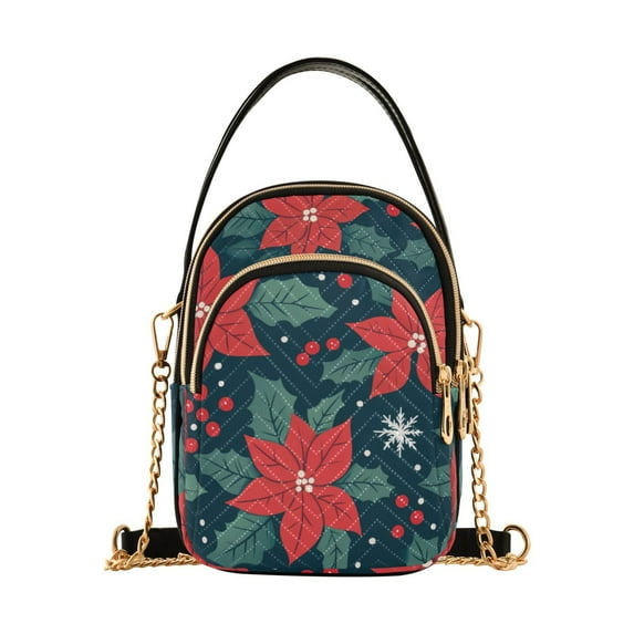 FORMRS Crossbody Bag for Women Quilted Travel Shoulder Cell Phone Purse with Chain Strap Handbag, Red Christmas Leaves