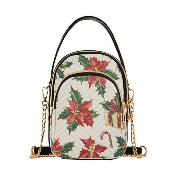 FORMRS Crossbody Bag for Women Quilted Travel Shoulder Cell Phone Purse with Chain Strap Handbag, Red Christmas Poinsettia