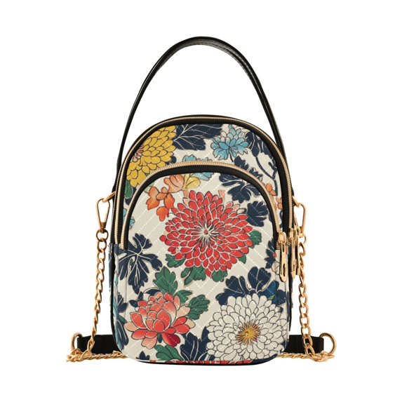 FORMRS Crossbody Bag for Women Quilted Travel Shoulder Cell Phone Purse with Chain Strap Handbag, Red Flowers Pattern