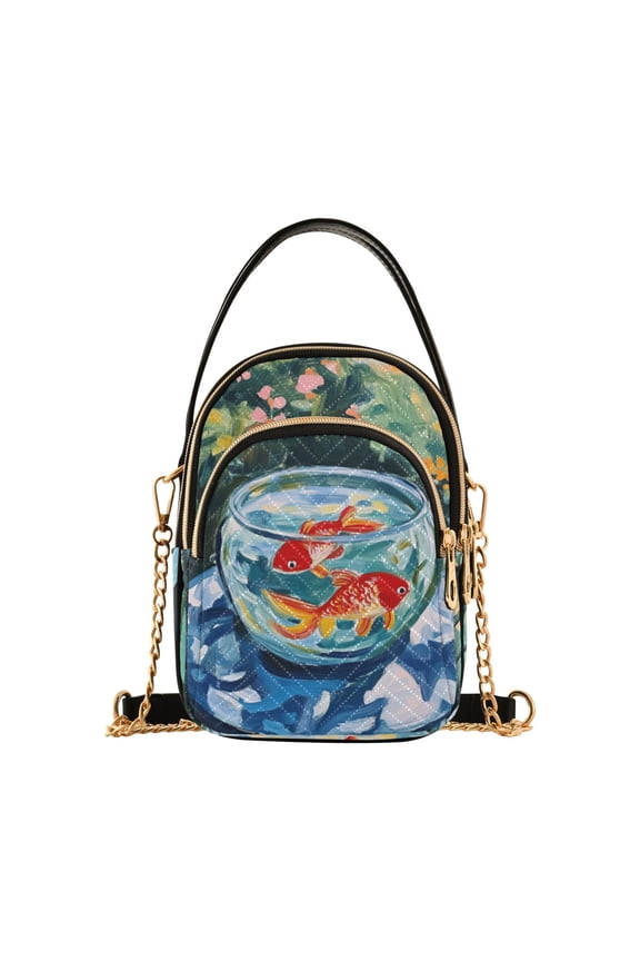 Crossbody Bag for Women Quilted Travel Shoulder Cell Phone Purse with Chain Strap Handbag, Red Goldfish