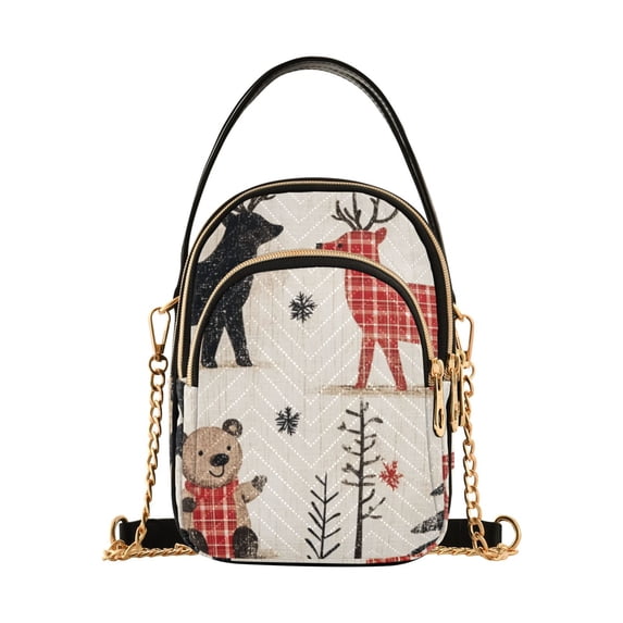 FORMRS Crossbody Bag for Women Quilted Travel Shoulder Cell Phone Purse with Chain Strap Handbag, Retro Christmas Forest