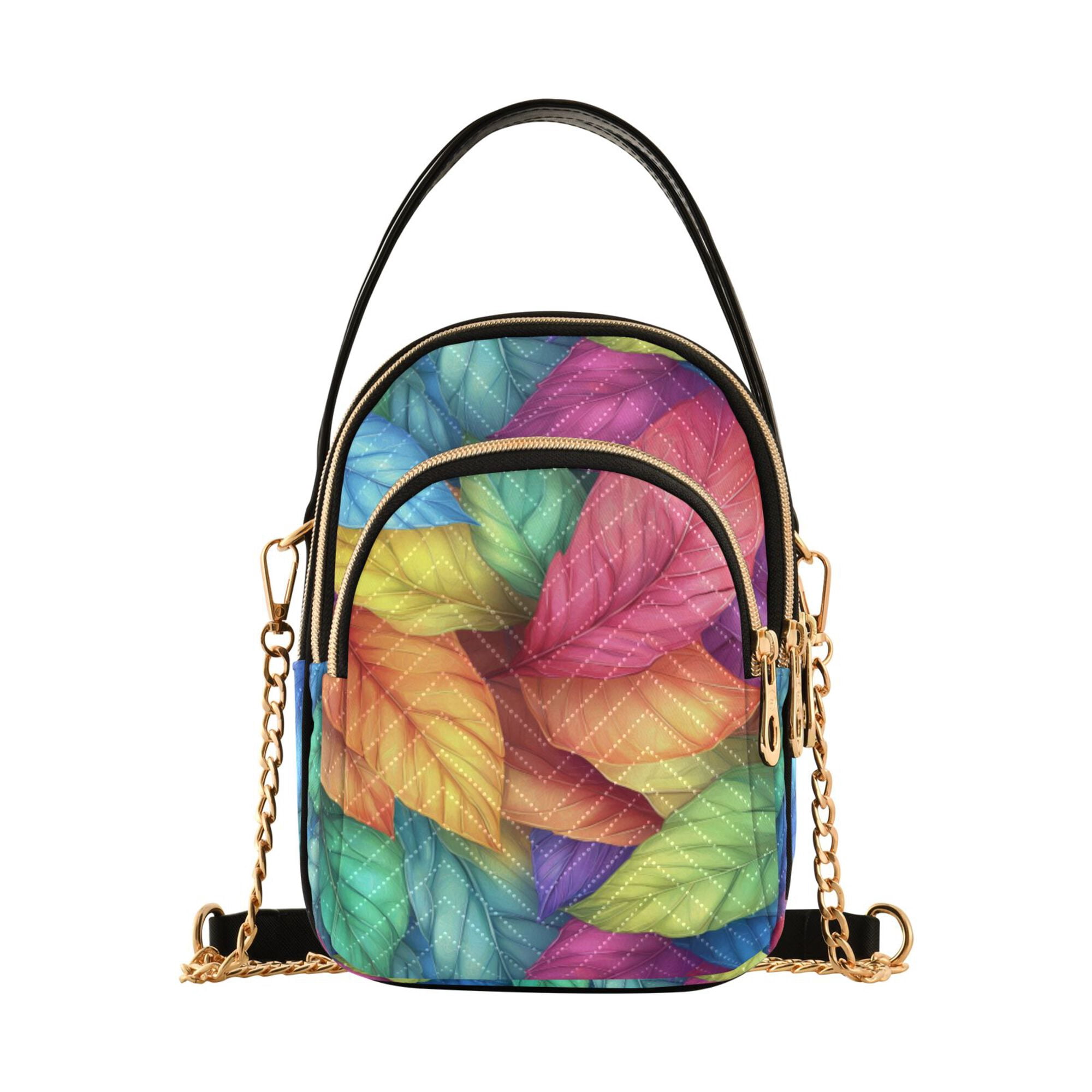 FORMRS Crossbody Bag for Women Quilted Travel Shoulder Cell Phone Purse with Chain Strap Handbag, Vibrant Leaves Pattern