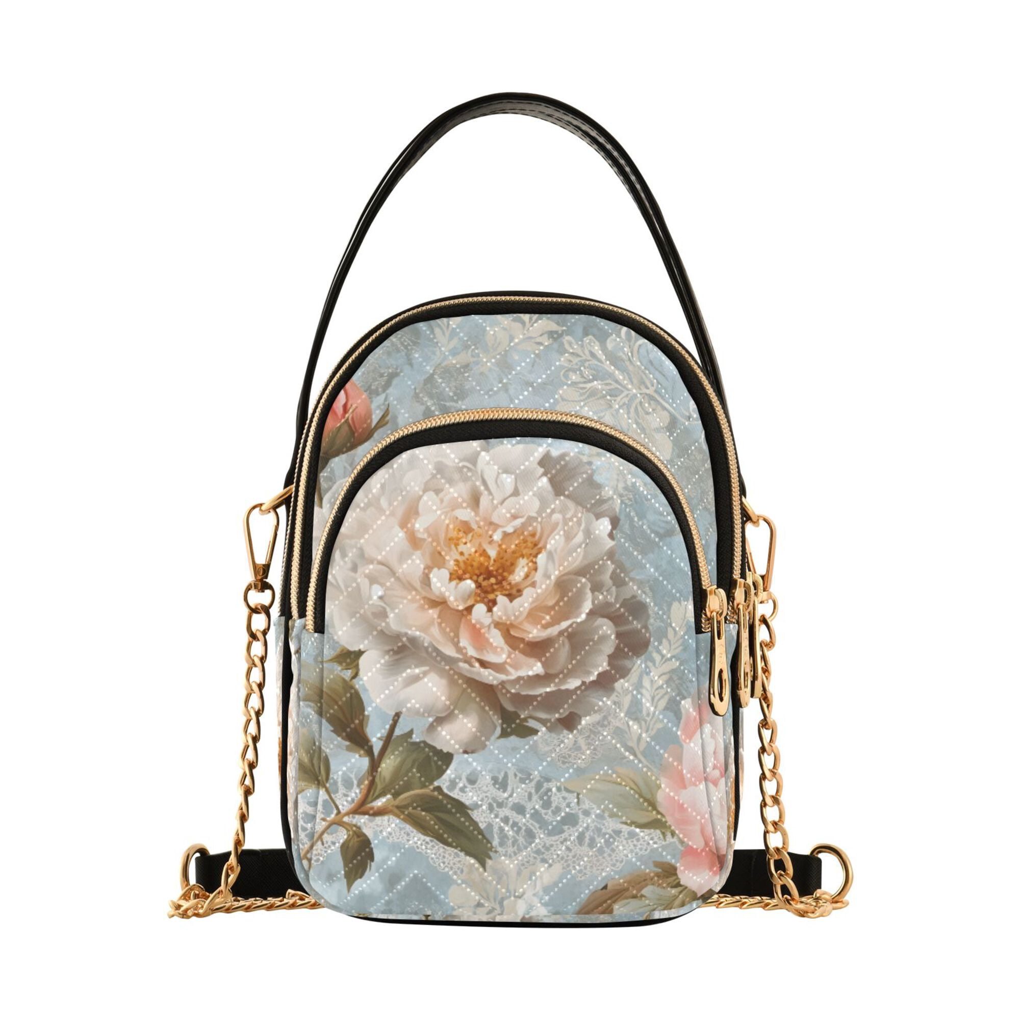 FORMRS Crossbody Bag for Women Quilted Travel Shoulder Cell Phone Purse with Chain Strap Handbag, Whimsical Rose