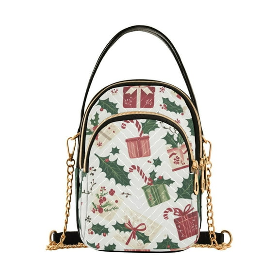 FORMRS Crossbody Bag for Women Quilted Travel Shoulder Cell Phone Purse with Chain Strap Handbag, White Christmas Holly