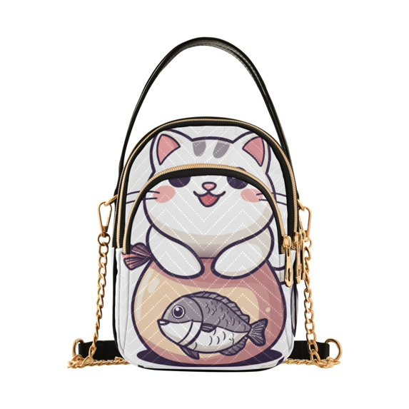 FORMRS Crossbody Bag for Women Quilted Travel Shoulder Cell Phone Purse with Chain Strap Handbag, White Cute Cat