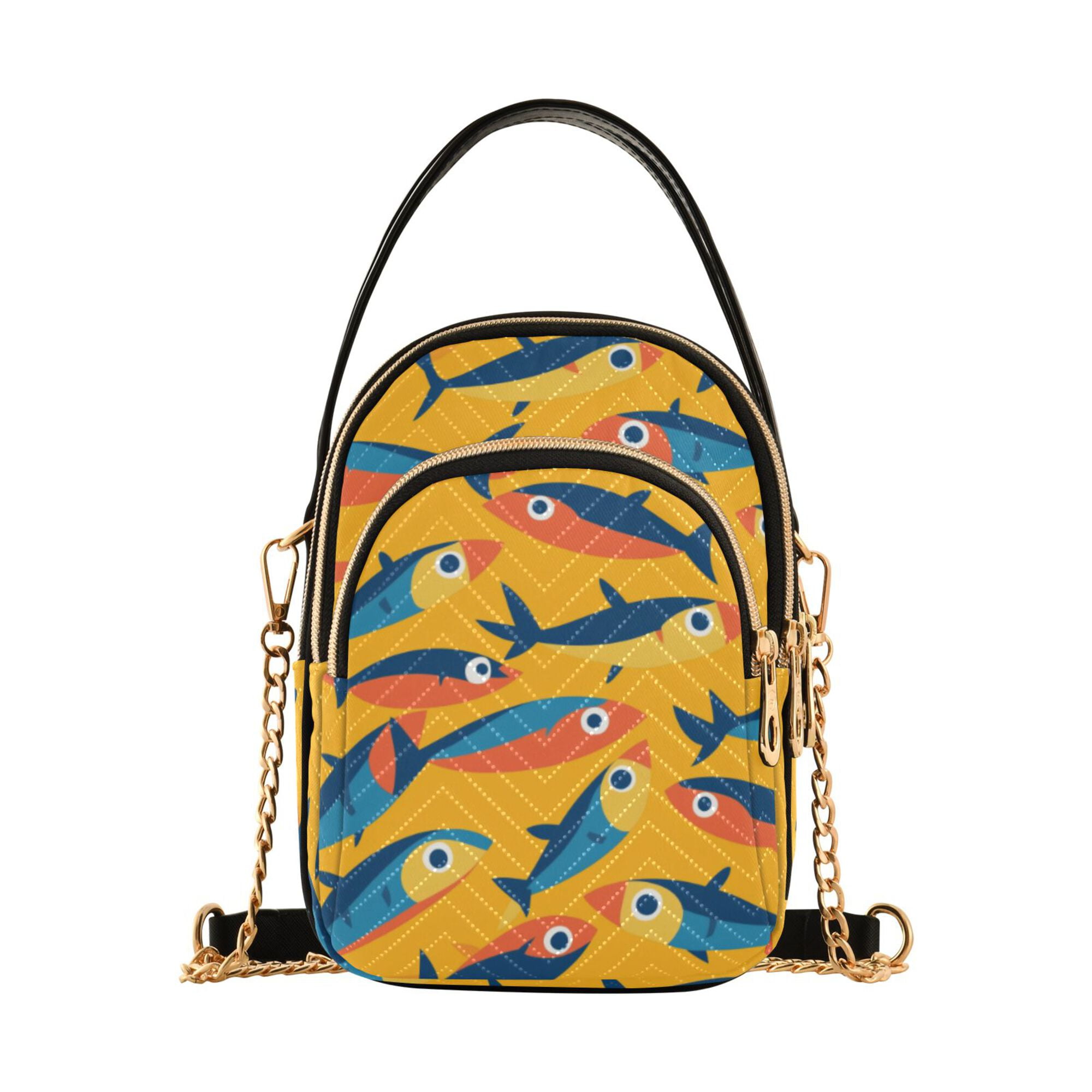 FORMRS Crossbody Bag for Women Quilted Travel Shoulder Cell Phone Purse with Chain Strap Handbag, Yellow Sardines Pattern