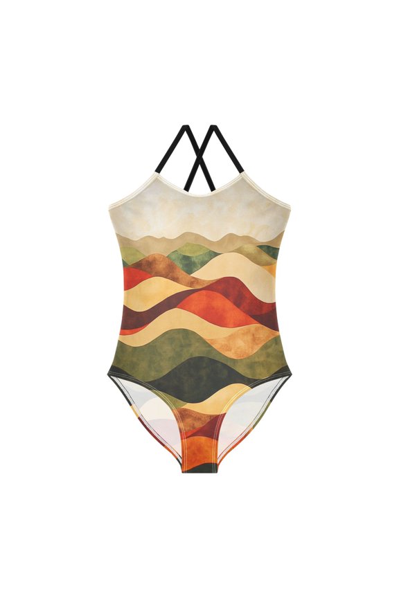FORMRS Girls One Piece Swimsuit Sleeveless Stretch Beach Cross Back Swimwear, Sizes 3T-10T, Abstract Desert Pattern
