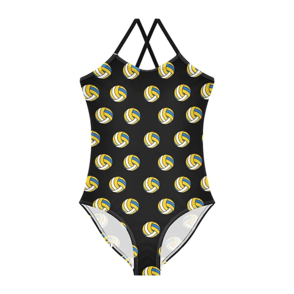 FORMRS Girls One Piece Swimsuit Sleeveless Stretch Beach Cross Back Swimwear, Sizes 3T-10T, Black Volleyball Pattern