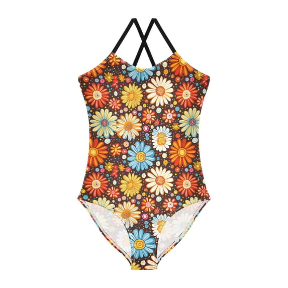 FORMRS Girls One Piece Swimsuit Sleeveless Stretch Beach Cross Back Swimwear, Sizes 3T-10T, Blooming Flowers