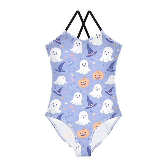 FORMRS Girls One Piece Swimsuit Sleeveless Stretch Beach Cross Back Swimwear, Sizes 3T-10T, Blue Halloween