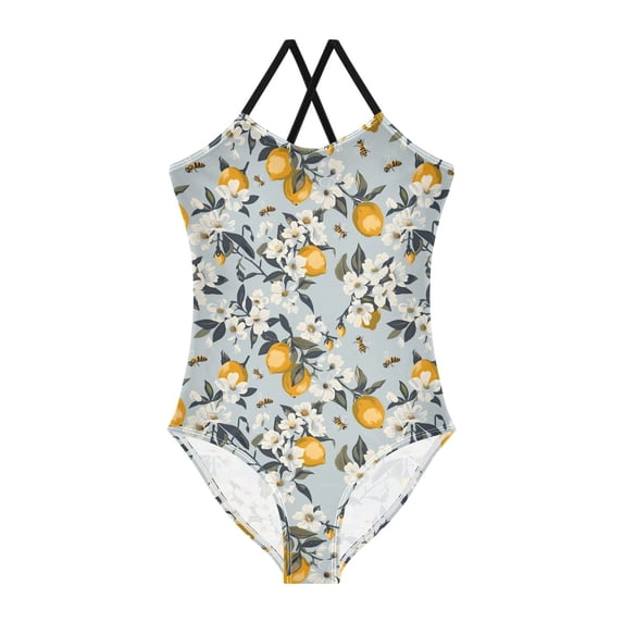FORMRS Girls One Piece Swimsuit Sleeveless Stretch Beach Cross Back Swimwear, Sizes 3T-10T, Blue Lemons Pattern
