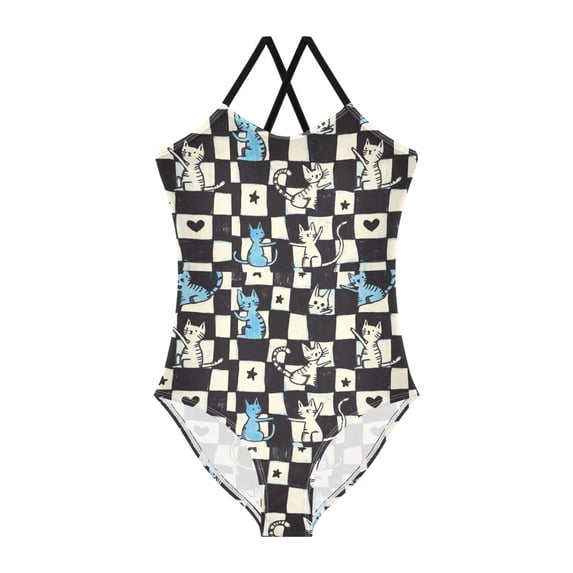 FORMRS Girls One Piece Swimsuit Sleeveless Stretch Beach Cross Back Swimwear, Sizes 3T-10T, Blue and White Cat