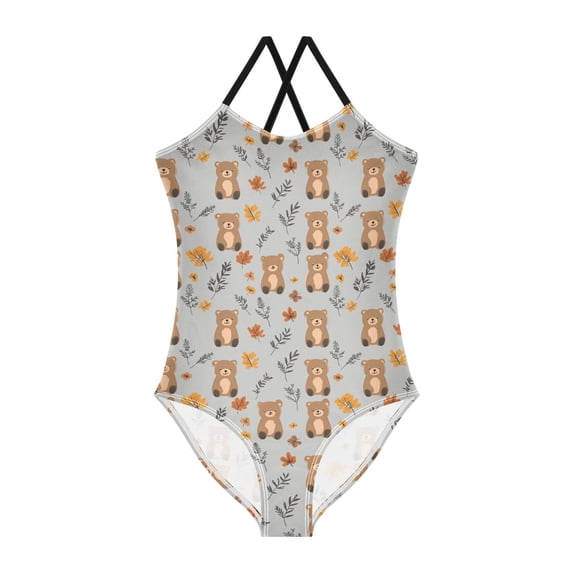 FORMRS Girls One Piece Swimsuit Sleeveless Stretch Beach Cross Back Swimwear, Sizes 3T-10T, Brown Cartoon Bears
