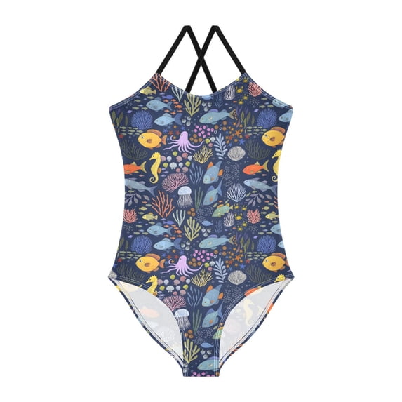 FORMRS Girls One Piece Swimsuit Sleeveless Stretch Beach Cross Back Swimwear, Sizes 3T-10T, Cartoon Ocean Pattern