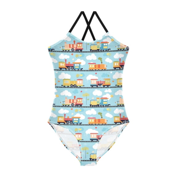 FORMRS Girls One Piece Swimsuit Sleeveless Stretch Beach Cross Back Swimwear, Sizes 3T-10T, Cartoon Train Pattern