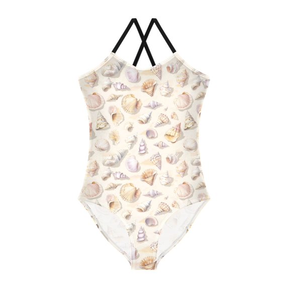 FORMRS Girls One Piece Swimsuit Sleeveless Stretch Beach Cross Back Swimwear, Sizes 3T-10T, Colorful Watercolor Seashells