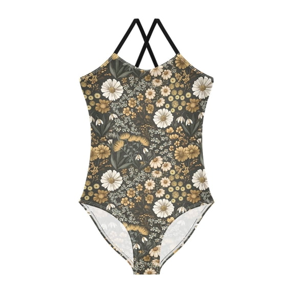 FORMRS Girls One Piece Swimsuit Sleeveless Stretch Beach Cross Back Swimwear, Sizes 3T-10T, Floral Wilderness Pattern