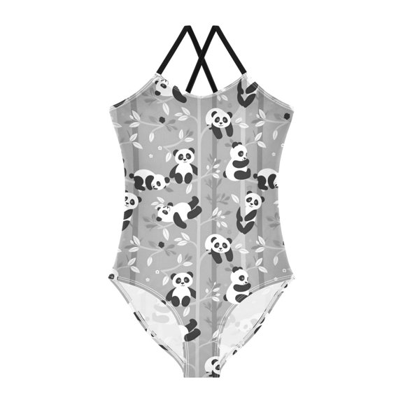 FORMRS Girls One Piece Swimsuit Sleeveless Stretch Beach Cross Back Swimwear, Sizes 3T-10T, Gray Cartoon Panda Pattern