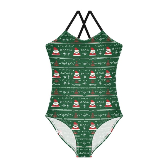 FORMRS Girls One Piece Swimsuit Sleeveless Stretch Beach Cross Back Swimwear, Sizes 3T-10T, Green Christmas Trees