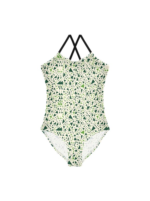 Girls One Piece Swimsuit Sleeveless Stretch Beach Cross Back Swimwear, Sizes 3T-10T, Green Triangles Pattern