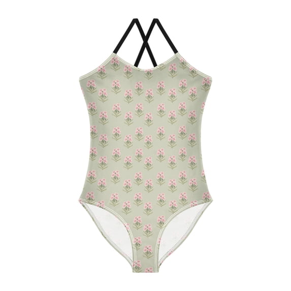 FORMRS Girls One Piece Swimsuit Sleeveless Stretch Beach Cross Back Swimwear, Sizes 3T-10T, Green Wildflowers Pattern