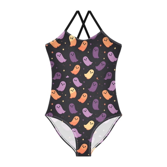 FORMRS Girls One Piece Swimsuit Sleeveless Stretch Beach Cross Back Swimwear, Sizes 3T-10T, Halloween Purple Ghosts