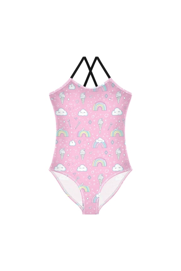 Girls One Piece Swimsuit Sleeveless Stretch Beach Cross Back Swimwear, Sizes 3T-10T, Ice Cream Rainbow Pattern