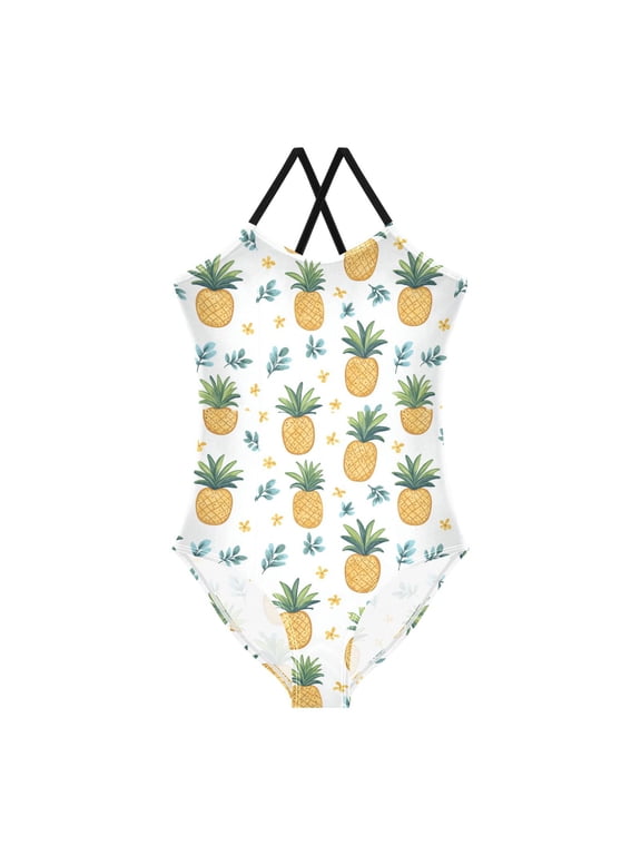 Girls One Piece Swimsuit Sleeveless Stretch Beach Cross Back Swimwear, Sizes 3T-10T, Pineapple